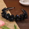Exquisite black beaded flower headband with faceted crystals and retro styling - Black