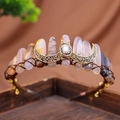 Detail view of handmade bohemian crown featuring natural stones and a golden crescent moon - Colorful Raw Stone Moon Main Stone Style (Style 6)