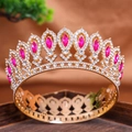 Luxurious gold baroque bridal crown featuring pink teardrop crystals and clear rhinestones - Gold Rose Red