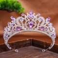 Close-up of silver baroque tiara featuring purple and clear crystals in heart and marquise cuts - Silver Purple