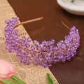 Handmade bridal headband with braided purple crystal beads and gold wire crown style - Purple