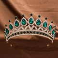Baroque gold bridal tiara with emerald green teardrop crystals and sparkling diamonds - Gold Green