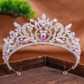 Baroque silver bridal crown with AB rhinestones and crystal teardrops on a wooden tray - Silver Rainbow Diamond