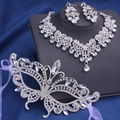 Parure de bijoux de mariée en strass argenté avec collier en V, boucles et masque papillon - Parure Collier Design Glands avec Masque (Style 21)