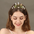 Corona de novia vintage con cristales naturales y hojas de esmalte verde en diadema de hilo - Estilo Hoja Esmalte de Cristal Blanco (Estilo 5)