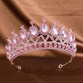 Elegant silver tiara featuring large pink water-drop crystals and brilliant rhinestones - Silver Pink