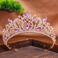 Luxury Baroque bridal tiara with gold plating, white rhinestones and purple gemstones - Gold Purple