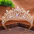 Baroque gold bridal crown with colorful rhinestones on a rustic wooden tray - Gold Rainbow Diamond