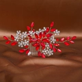 Exquisite bridal hair comb with red crystals and pearls on a gold wire base - Hair Comb / Red