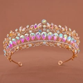 Elegant gold bridal tiara with sparkling AB rhinestones and teardrop crystals - Colorful Zirconia