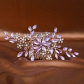 Golden bridal hair comb with purple crystals and pearls on elegant brown silk background - Hair Comb / Purple