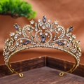 Baroque bridal crown in antique gold finish with white rhinestones and grey gems - Black