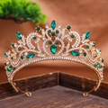 Baroque gold tiara with emerald green crystals and sparkling rhinestones for brides - Green