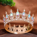 Elegant gold bridal tiara with pear-cut AB crystals and sparkling white rhinestones - Gold Rainbow Diamond