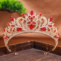 Baroque gold bridal crown featuring elegant red gemstones and white rhinestones - Red
