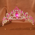 Baroque gold bridal crown with pink rhinestones and crystals on brown silk background - Rose Red