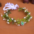 Detail of forest style leaf headband with tiny white flowers and green teardrop gemstone - Green