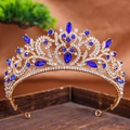 Baroque bridal crown with deep blue crystals and white zircons on golden alloy base - Sapphire Blue