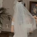 Elegant white double-layer bridal veil with pearl bow accent for wedding photography - Double Layer Mesh Bow With Pearls (Style 1)