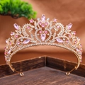 Baroque bridal crown featuring pink rhinestones on a gold-tone alloy base - Gold Pink