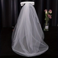 Detail view of double-layer white wedding veil with elegant bow and delicate mesh texture - Bowknot Short Wedding Veil (Style 4)