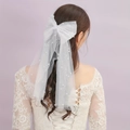 Elegant double-layer short bridal veil with white mesh bow and pearl embellishments - Large Bow Short Veil With Pearls (Style 2)