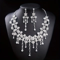Elegant bridal jewelry set featuring silver floral necklace and tassel earrings with rhinestones - Silver Rhinestone Style (Earring Post)