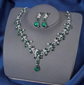 Elegant silver bridal jewelry set with emerald teardrop stones and vine motif - Silver Green