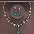 Elegant gold bridal jewelry set featuring emerald and white crystals with waterdrop pendant - Gold Green Style