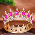 Luxurious gold crown with rose pink teardrop gemstones and crystal rhinestones - Rose Red