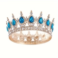 Golden crown headpiece with white sparkling rhinestones and teardrop blue gemstones - Lake Blue