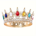 Golden regal crown with multi-colored teardrop gems and sparkling white rhinestones - Semi-colorful Rhinestone