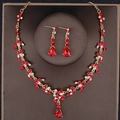 Elegant gold bridal jewelry set with red teardrop crystal necklace and earrings - Gold Red 1