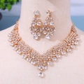 Elegant gold bridal jewelry set featuring V-shaped crystal necklace and earrings - Gold Full Rhinestone