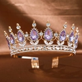 Golden Baroque crown with purple teardrop gemstones and sparkling crystal accents - Gold Purple with Hair Comb