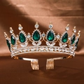 Couronne baroque dorée avec cristaux goutte émeraude et strass étincelants de luxe - Or Vert avec Peigne
