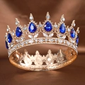 Couronne de mariée baroque dorée avec cristaux bleu roi et strass étincelants - Cercle Complet Bleu Royal Or