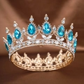 Couronne baroque dorée avec grandes gemmes bleu ciel en goutte et strass brillants - Cercle Complet Or Bleu Lac
