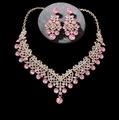 Elegant gold bridal jewelry set with pink crystal floral necklace and earrings - Pink Rhinestone Style 2