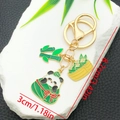 Cartoon panda and bamboo keychain for Dragon Boat Festival with green enamel finish - Panda Zongzi Bamboo Combo (ER1557)