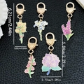 Set of five floral enamel keychains with heart clasps and detailed size measurements - 5Pcs Enamel Flower Keychain Set (ER764)