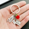 Porte-clés pour enseignant avec pomme rouge, règle, livre et médailles #1 Teacher en métal argenté - Thème de papeterie de rentrée scolaire