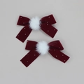 Pair of wine red velvet bow hair clips with plush white fur balls and tiny bead accents - Burgundy
