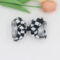 Detail of checkered ribbed ribbon bow hair clip on white background with tulip - Black and White Checkerboard (06#)