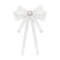 Elegant white satin bow brooch for women with center pearl and sparkling rhinestone detail - White