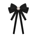 Elegant black bow brooch with a pearl sunflower center and long fabric ribbons - Black