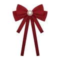 Elegant burgundy satin bow brooch with central pearl and rhinestones with long ribbons - Red