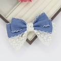 Blue denim bow hair clip with white wavy stitching and floral lace detail in a box - Double Layer Lace Patchwork (02#)
