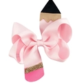 Close-up of pink pencil shaped grosgrain ribbon hair bow with gold glitter details - Pink Preppy Style (06#)