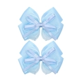Detail view of two light blue organza and grosgrain layered bow hair clips for girls - Blue Gold